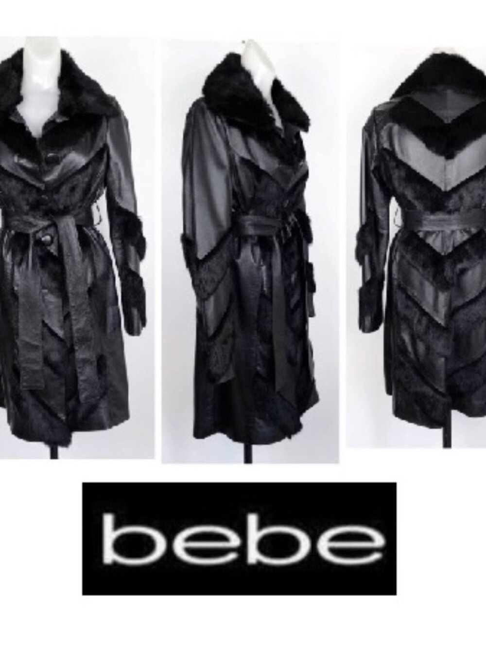 New $895 Bebe Black Leather & Rabbit Fur Chevron Design Belted Coat Jacket XS